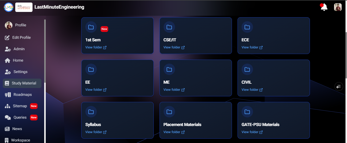 Home Page with Study Material Sections